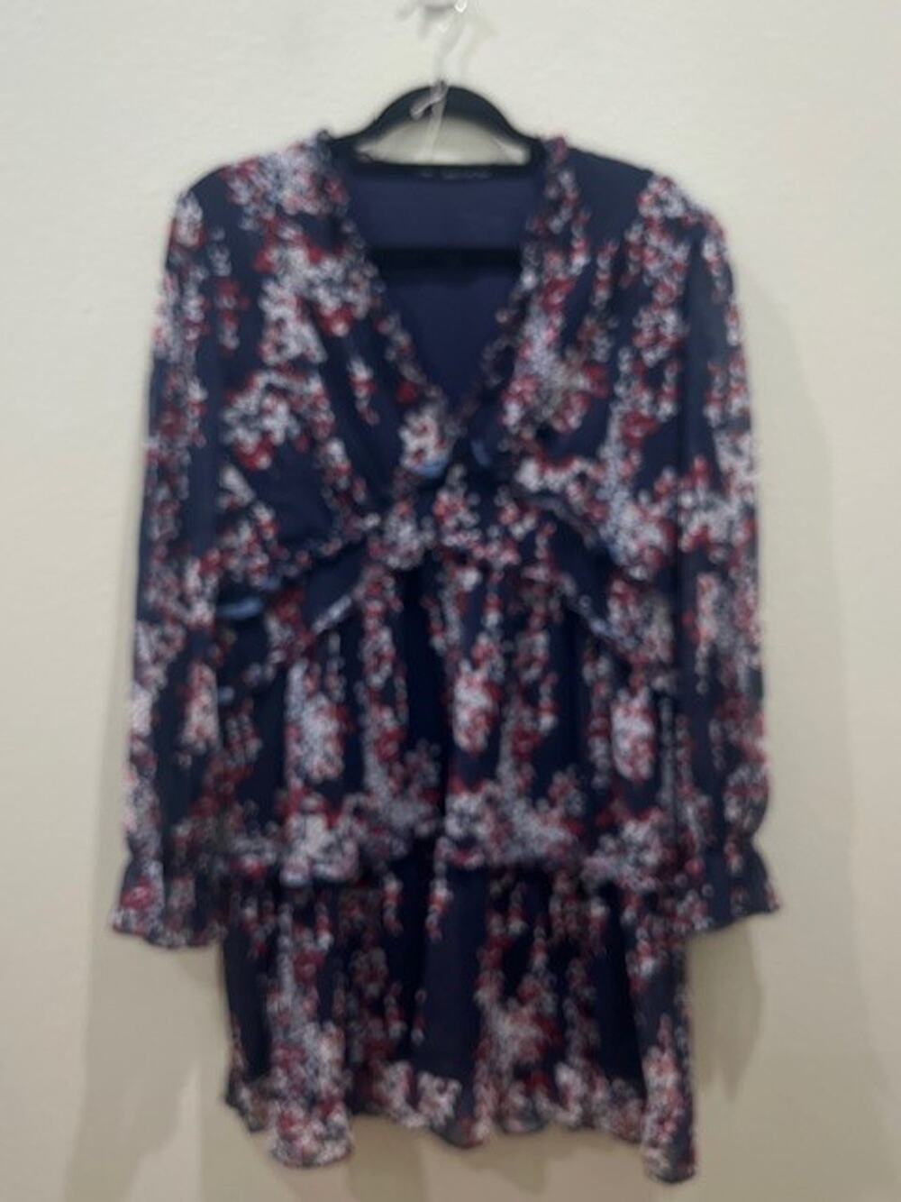 Lashbair Women's XL Navy with floral print long sleeve tiered ruffled mini dress